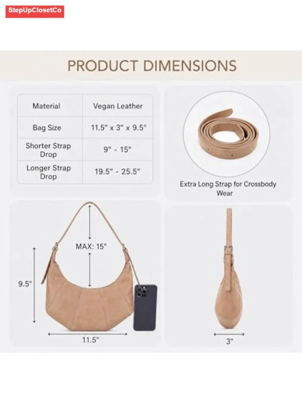 Slouchy Vegan Leather Hobo Shoulder Bag with 2 Adjustable Straps